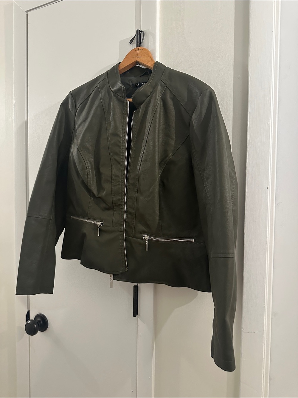 Baccini Olive Green Faux Leather Moto Jacket